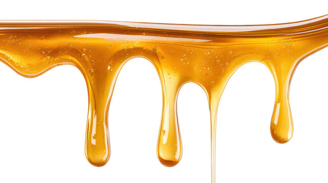 Golden honey drip border with glossy viscous syrup and bubbles isolated on transparent background