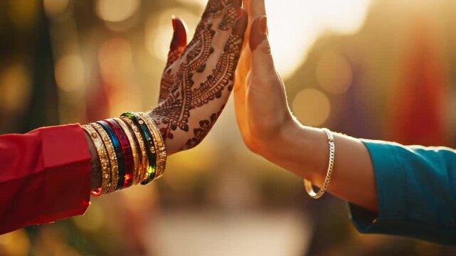 Closeup of hands with traditional mehndi and bangles at sunset