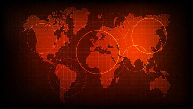 World map war crisis with red grid and alert circles showing global danger warning zones and geopolitical conflict concept background, vector illustration
