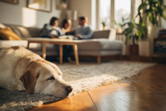 Pet-friendly home moment: tranquil dog on the floor while loved ones unwind on the couch