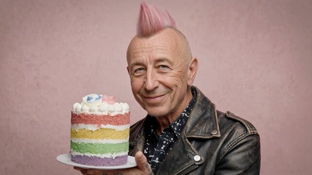 Older man with punk hairstyle holding cake capturing individuality humor and celebration in portrait setting with soft light and playful expressive personality