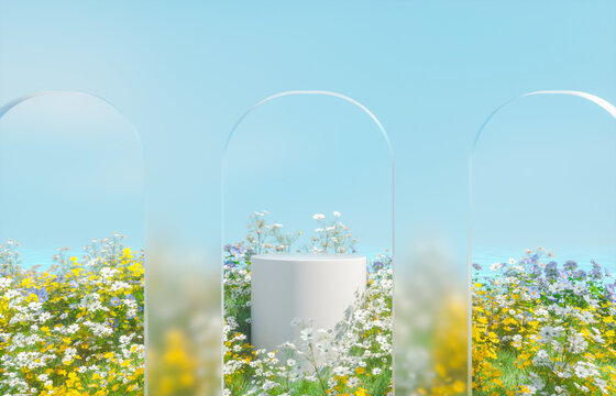 Natural beauty podium backdrop with spring landscape scene. 3d rendering.