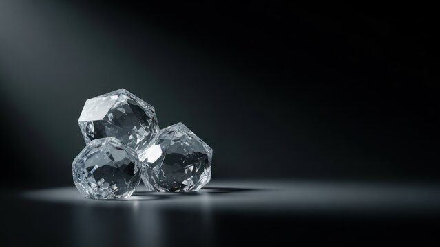 Three diamond shaped crystals on dark surface with light and shadows