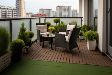 Obraz premium Urban residential balcony with outdoor furniture, potted plants, and city buildings in the background