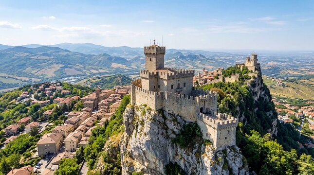 Aerial view of Guaita Tower in San Marino medieval castle on mountain
