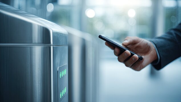Person uses smartphone for contactless entry at a sleek, lit turnstile in an office