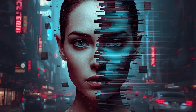 Face Split Between Human Skin and Pixelated Glitch Fragments, Digital Disruption and Identity Fragmentation Concept
