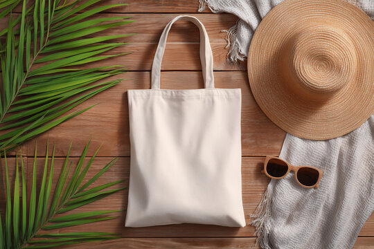 Blank white canvas tote bag on natural summer accessories and wood background, mockup of tote bag design, minimal canvas bag template
