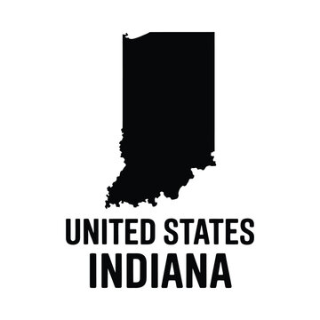 A stark black silhouette of the state of indiana over a white background with text below