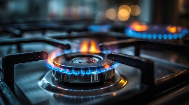 Warm, realistic image of a gas burner in use, blue flame with orange tongues on stainless steel