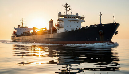 Fototapeta premium The ship sails smoothly across the calm water as the sun sets. The scene captures the large ship against the glowing horizon, reflecting on the tranquil surface.