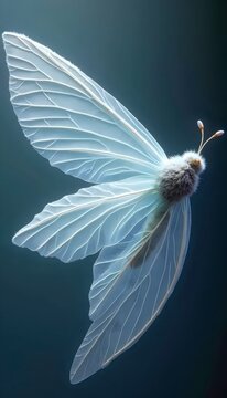 A close up of a white butterfly wing on a dark blue background.