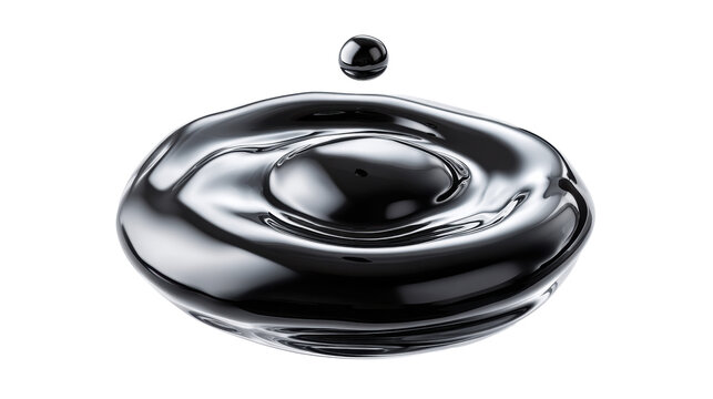 Glossy black liquid splash ring with floating droplet abstract 3D render isolated
