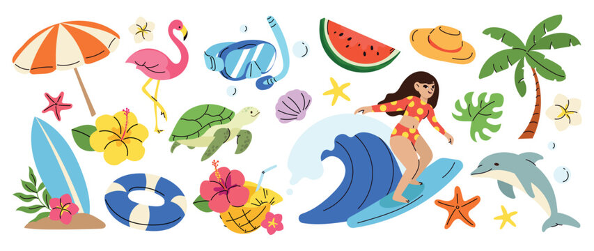 Summer beach surfing vector set with surfer girl, dolphin, flamingo, turtle, surfboard, tropical flowers, palm tree and ocean elements. Hand drawn summer illustration for poster, banner and sticker.