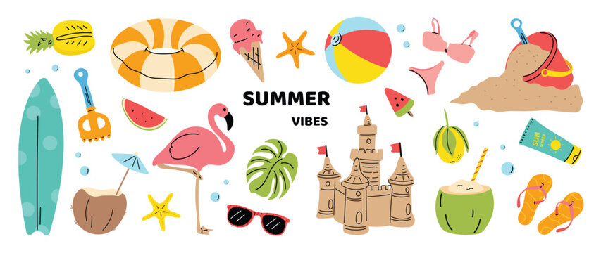 Summer vibes beach element vector set with flamingo, surfboard, sand castle, swimsuit, float ring, coconut drink and tropical vacation icons. Hand drawn summer illustration for poster, sticker.