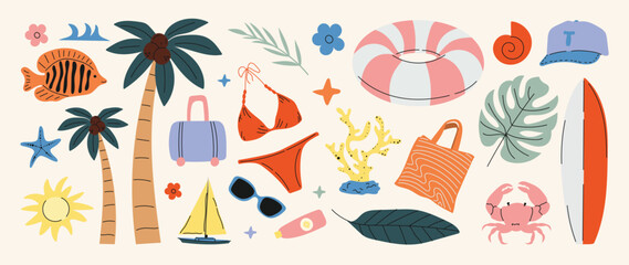Obraz premium Summer beach element vector set with surfboard, bikini, palm trees, float ring, sunglasses, tote bag, crab and tropical vacation icons. Hand drawn summer illustration collection for poster, sticker.