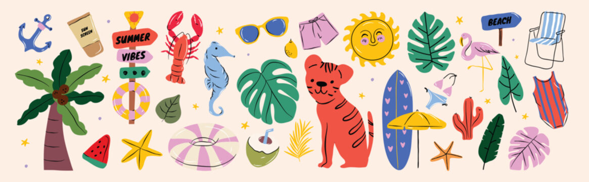 Summer vibes tropical beach doodle vector set with palm tree, tiger, flamingo, surfboard, swimsuit, sun, float ring and vacation elements. Hand drawn illustration for poster, sticker and card.
