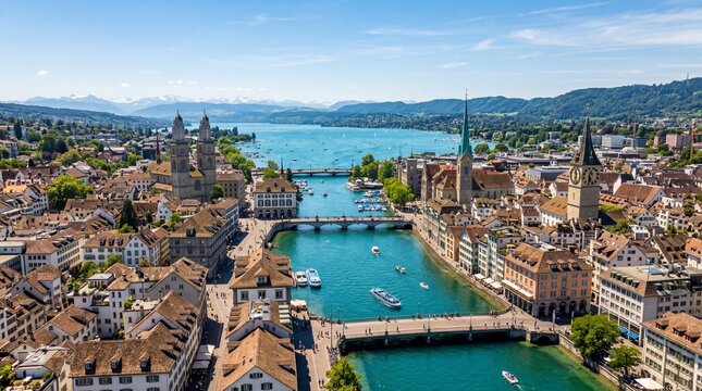 Aerial view of Zurich city skyline with Limmat river and Swiss Alps