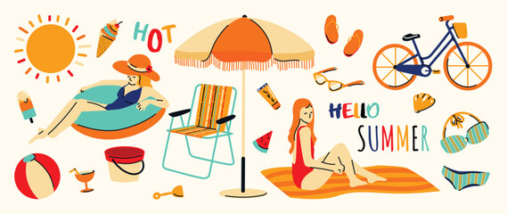 Obraz premium Summer beach doodle vector set with surfer, woman reading, surfboard, palm tree, beach chair, seashell, crab, turtle, gas pump and tropical vacation elements. Hand drawn summer illustration collection
