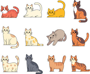 Fototapeta premium Cartoon vector illustration set of twelve diverse cats in playful poses, featuring colorful fur patterns, stripes, spots, and unique feline character designs