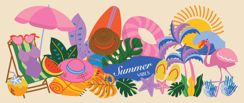 Summer vibes tropical beach vector background with flamingo, palm leaves, umbrella, surfboard, sun, watermelon, starfish and vacation accessories. Hand drawn summer design for poster and banner.