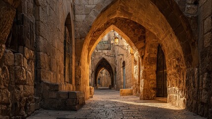 Obraz premium Narrow Old City alley with hand-formed curved stone walls, Jerusalem at golden hour