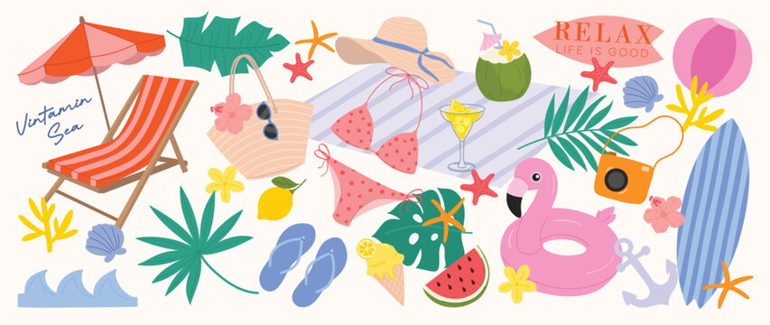 Summer beach doodle vector set with deck chair, bikini, flamingo float, surfboard, camera, umbrella, tropical leaves and vacation accessories. Hand drawn summer illustration for poster and banner.