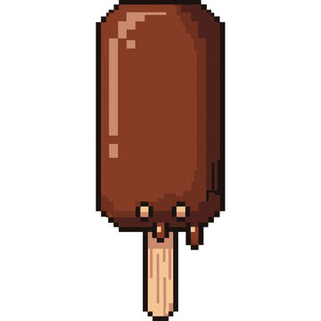 A chocolate ice cream drips on a stick in a pixel art style