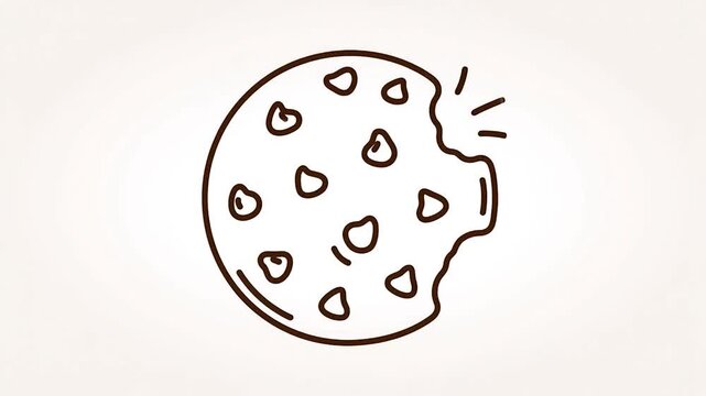 Bitten chocolate chip cookie icon simple line art illustration for food and baking concept.