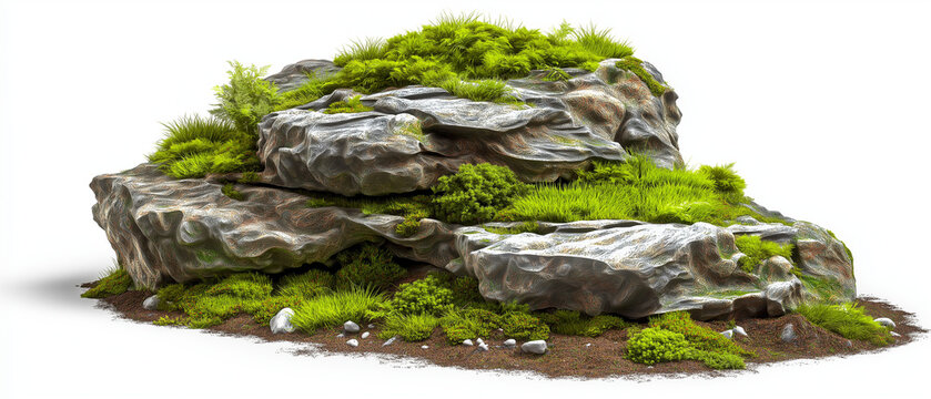 Alpine rock formation with moss, lush green grass, realistic stone texture, isolated on white background