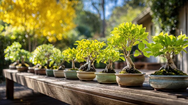 Outdoor botanical display: ten potted ficus trees and bonsai with emerald foliage and a bright yellow blossom centerpiece