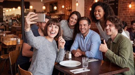 Fototapeta premium Diverse friends taking selfie in restaurant, happy young people group posing for photo in cafe, smiling multiracial adults enjoying social gathering