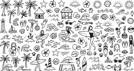 Tropical Summer Beach and Surfing Hand Drawn Doodle Icon © Jumaidi Rahman