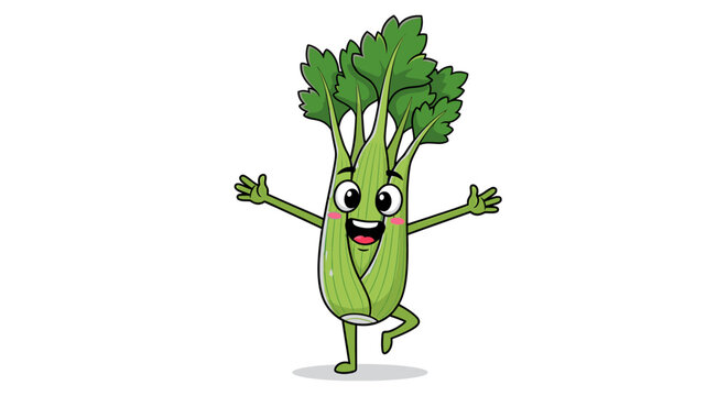 Cartoon celery character with cheerful expression and outstretched arms isolated