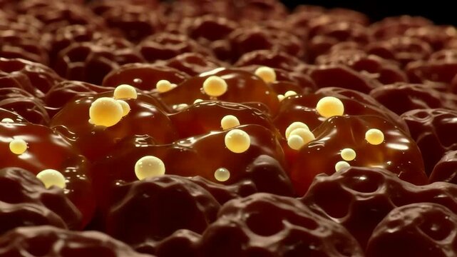 Inside human liver cells, fat droplets slowly accumulating inside cells