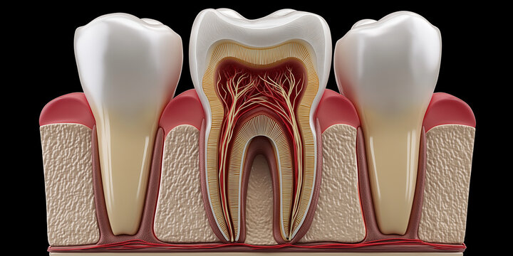 Tooth anatomy cross section dental pulp nerve enamel dentin gum periodontal tissue realistic illustration shows detailed