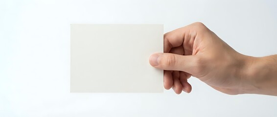 Obraz premium Hand holding blank white business card mockup on clean background for branding and corporate identity design projects.