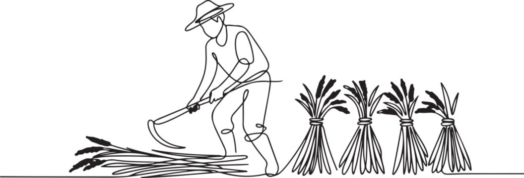Single one line drawing of young male farmer was harvesting rice and there was also rice that had been tied up. one line Icon drawing