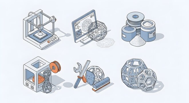 Isometric Icons Set: 3D Printing Technology, Equipment, Materials and Prototypes for Innovation and Manufacturing