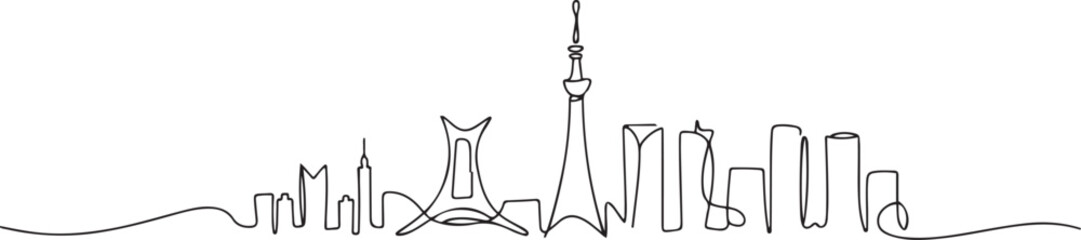 Fototapeta premium Single continuous line drawing of Tokyo city skyline, Japan. Famous city scraper and landscape. World travel concept. one line Icon drawing