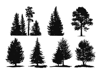 Obraz premium Set silhouettes of different types of trees are arranged in eight panels. Each panel shows a unique shape and size. The trees appear in black against a white background