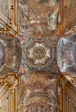 VERCELLI, ITALY - JANUARY 16, 2026: The baroque fresco in the cupola and ceiling Glory of St. Cristophorus in the church Chiesa di San Cristoforo by Francesco Maria Bianchi from 18. cent.