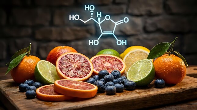 Fresh citrus fruits and blueberries on wooden board with vitamin C molecular structure overlay for nutrition education and healthy lifestyle concepts.