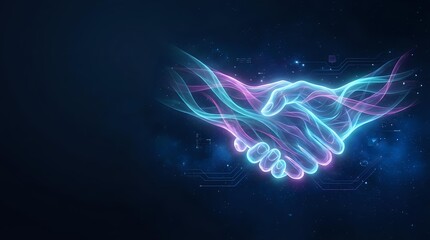 Fototapeta na wymiar Digital handshake with glowing neon energy streams in cyan and magenta colors on dark blue background for business partnership concepts.