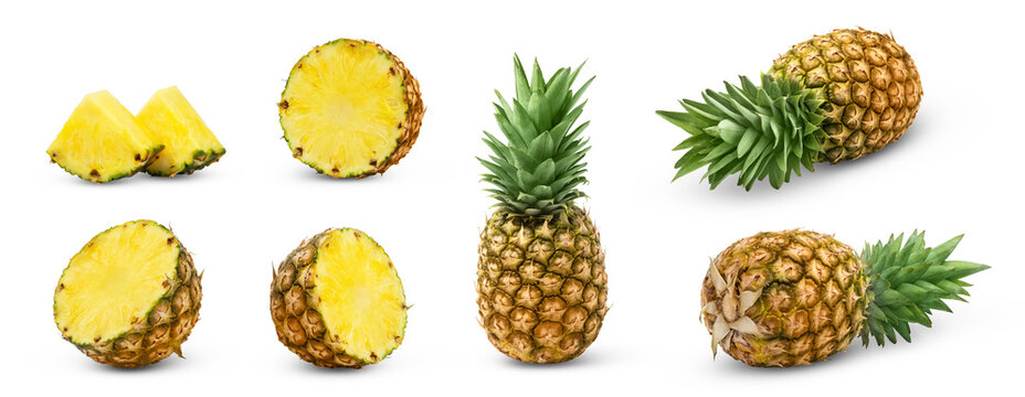 Isolated pineapples collection. Whole pineapple, cut in a half of pineapple, slices of ananas isolated set.