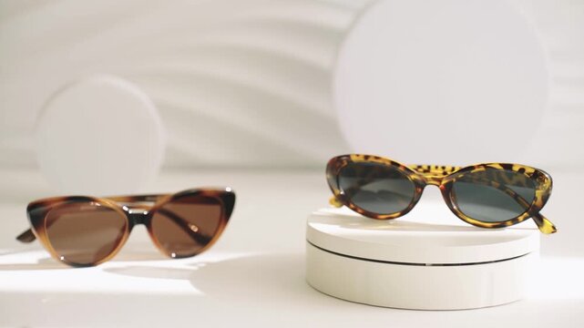 Sunglasses display on modern stand, eyewear showcase for fashion marketing, contemporary retail setting, product styling for advertisement, elegant designer frames presentation
