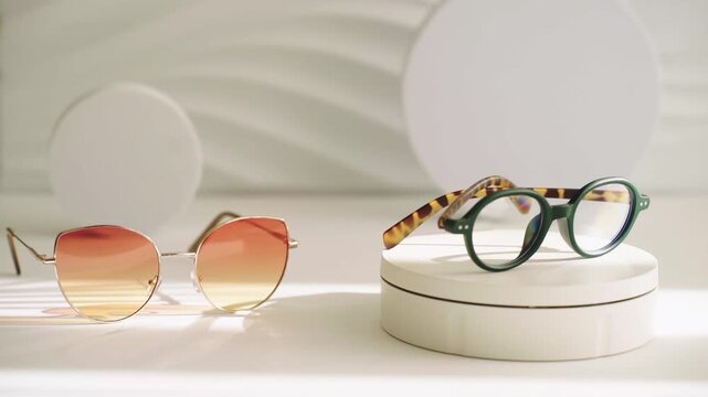 Trendy sunglasses and eyeglass frames on display stand, fashion accessory showcase, modern optical store background, luxury eyewear collection sale