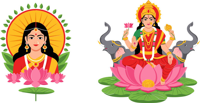 Hindu Goddess Icon Set Featuring Goddess Lakshmi with Lotus and Elephants for Spiritual and Religious Designs