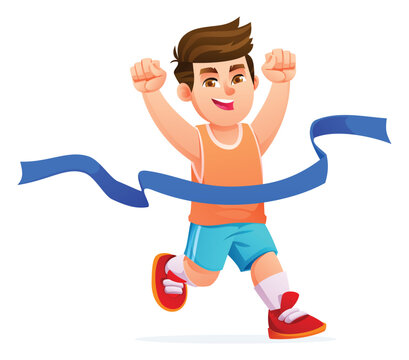 Athletic boy character winning a marathon race by crossing the blue finish ribbon. Vector cartoon illustration