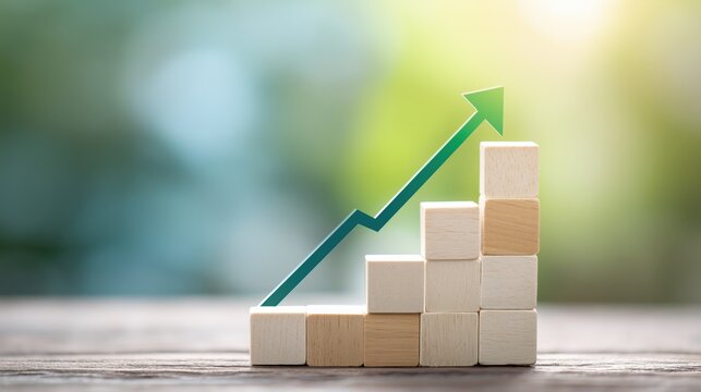 business growth and profit increase background with copy space, wooden blocks forming rising steps with upward arrow showing financial success, performance improvement and strategy development